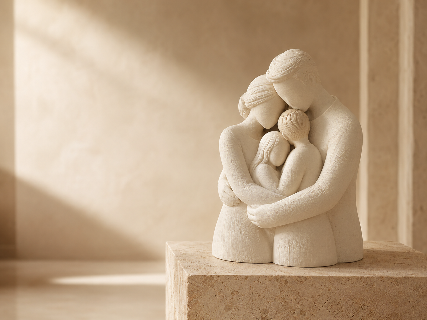 Hand-finished family sculpture displayed on stone